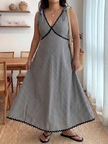 Enliva Đầm midi không tay phối màu kẻ caro size lớn, phong cách thời trang thường ngày cho kỳ nghỉ hè, phù hợp với phụ nữ dáng quả táo và dáng tròn - Đen và trắng - Xem 3
