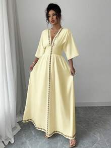 Rafferiza 优雅派对女士中东风情花卉图案露背半袖连衣裙 - 黃色 - 查看 5