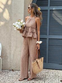 Conjunto de 2 piezas de top halter a rayas y pantalones casuales de vacaciones para mujer - Marrón 2 - Ver 4