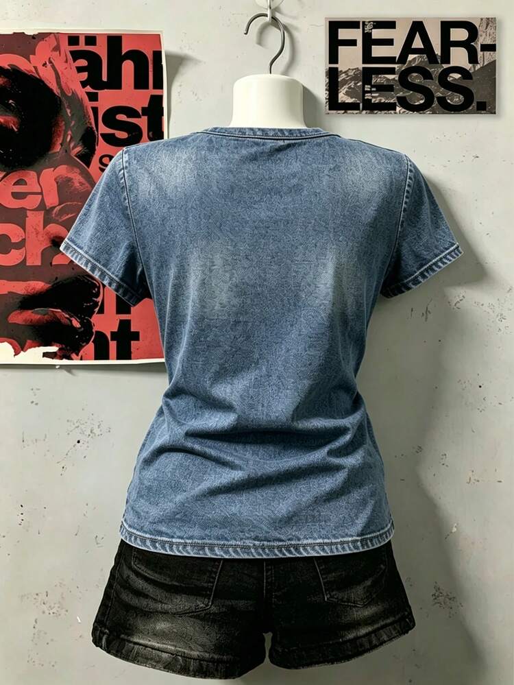 Lalippa Camiseta de mujer con estampado digital y letra con diamante de imitación - Multicolor - Añade 2