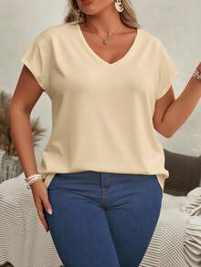 EMERY ROSE Apricot Solid V-Neck Short Sleeve Plus Size T-Shirt, Batwing Sleeve Design - Multicolor - View 4