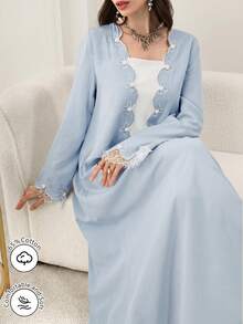Al Najma Mint Green Embroidered Lace Patchwork Long Sleeve Dress, Fashionable For Spring/Summer - Blue - View 10