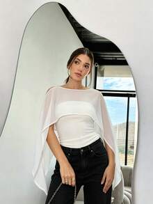 SHEIN PariChic Chal de gasa de unicolor, blusa elegante de color albaricoque para mujer, adecuada para el uso diario, negocios, escuela, vacaciones en la playa, estilo romántico de doncella, camisa ajustada de tejido ceñida a la cintura para primavera/verano - Albaricoque - Ver 3