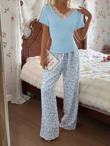 CottageSlumber Youthful Fashion Set For Women, Summer Ditsy Floral, Casual Short Sleeve Top And Pants 2-Piece Outfit - Blue - View 7