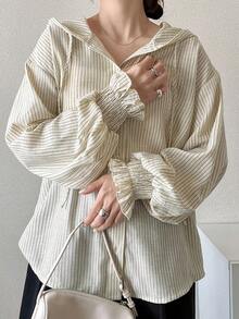 FRIFUL Kemeja Lengan Panjang Wanita Motif Garis - Khaki - View 8