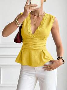 Serisse Women's Textured Ruched Lace Patchwork Ruffle Hem Vacation Blouse Lunch Date Yellow Summer Elegant - Yellow - View 5
