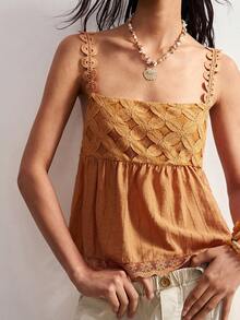 Bohemela Áo camisole nữ dệt họa tiết phối ren, kiểu dáng thường ngày. - trái cam - Xem 3