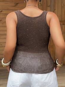Dazy Plus Plus Size Women Sleeveless Sequin Decorated Scoop Neck Casual Sexy Knit Top, Brown, Spring/Summer Vacation Date Night Beach - Brown - View 7