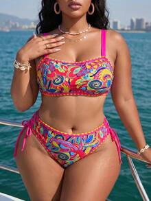 Slaydiva Bộ bikini 2 mảnh cỡ lớn dành cho nữ, họa tiết hoa gợi cảm, thích hợp cho kỳ nghỉ hè. - Màu Hồng Tươi - Xem 1