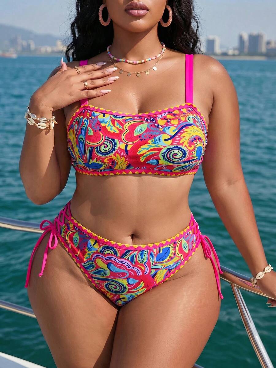 Slaydiva Bộ bikini 2 mảnh cỡ lớn dành cho nữ, họa tiết hoa gợi cảm, thích hợp cho kỳ nghỉ hè. - Màu Hồng Tươi - Xem 1