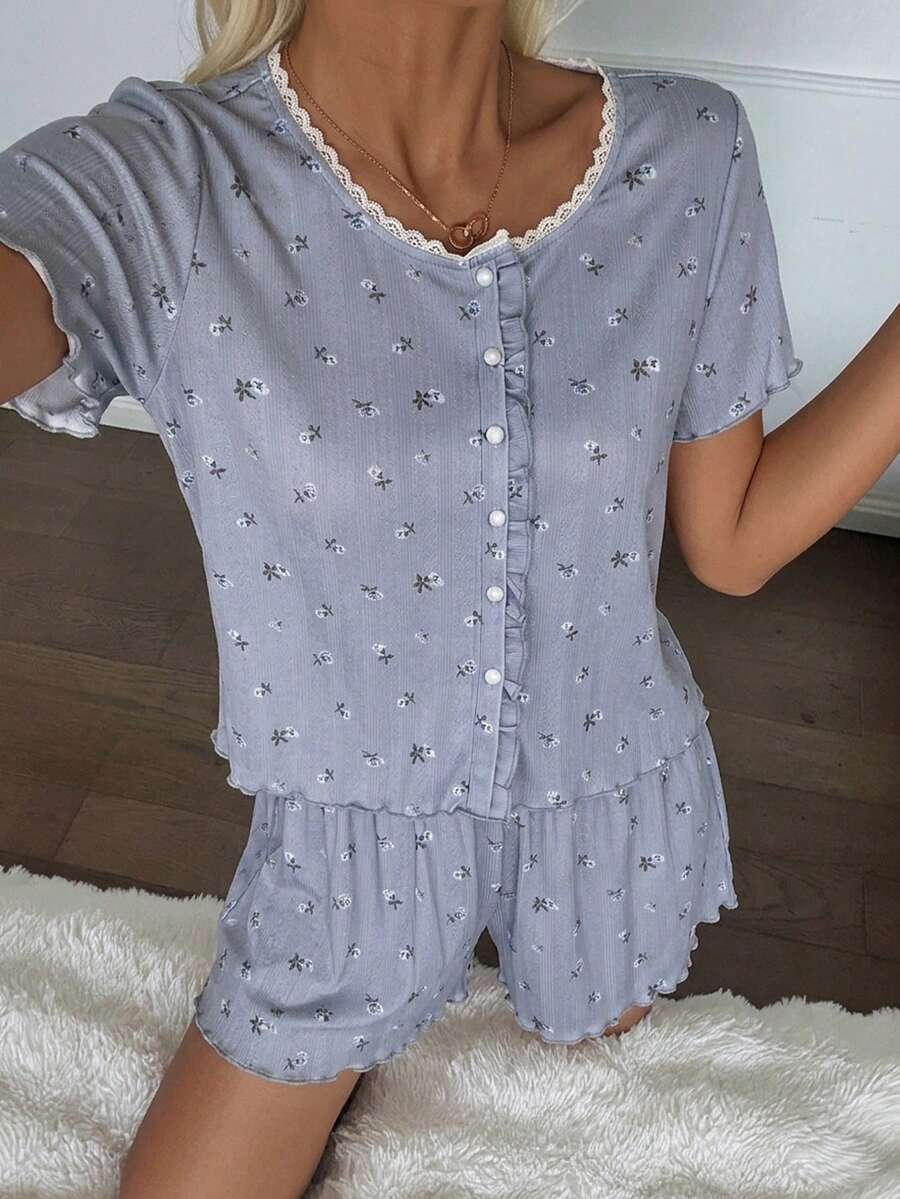 DAZY 2件組甜美碎花荷葉邊短袖短褲女款睡衣套裝,夏季 - 藍色 - 查看 1