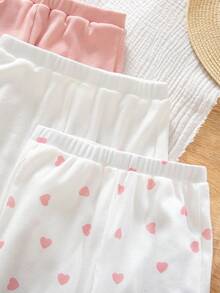 SHEIN 3件套女童针织纯色爱心图案休闲裤套装 - 白色 - 查看 4
