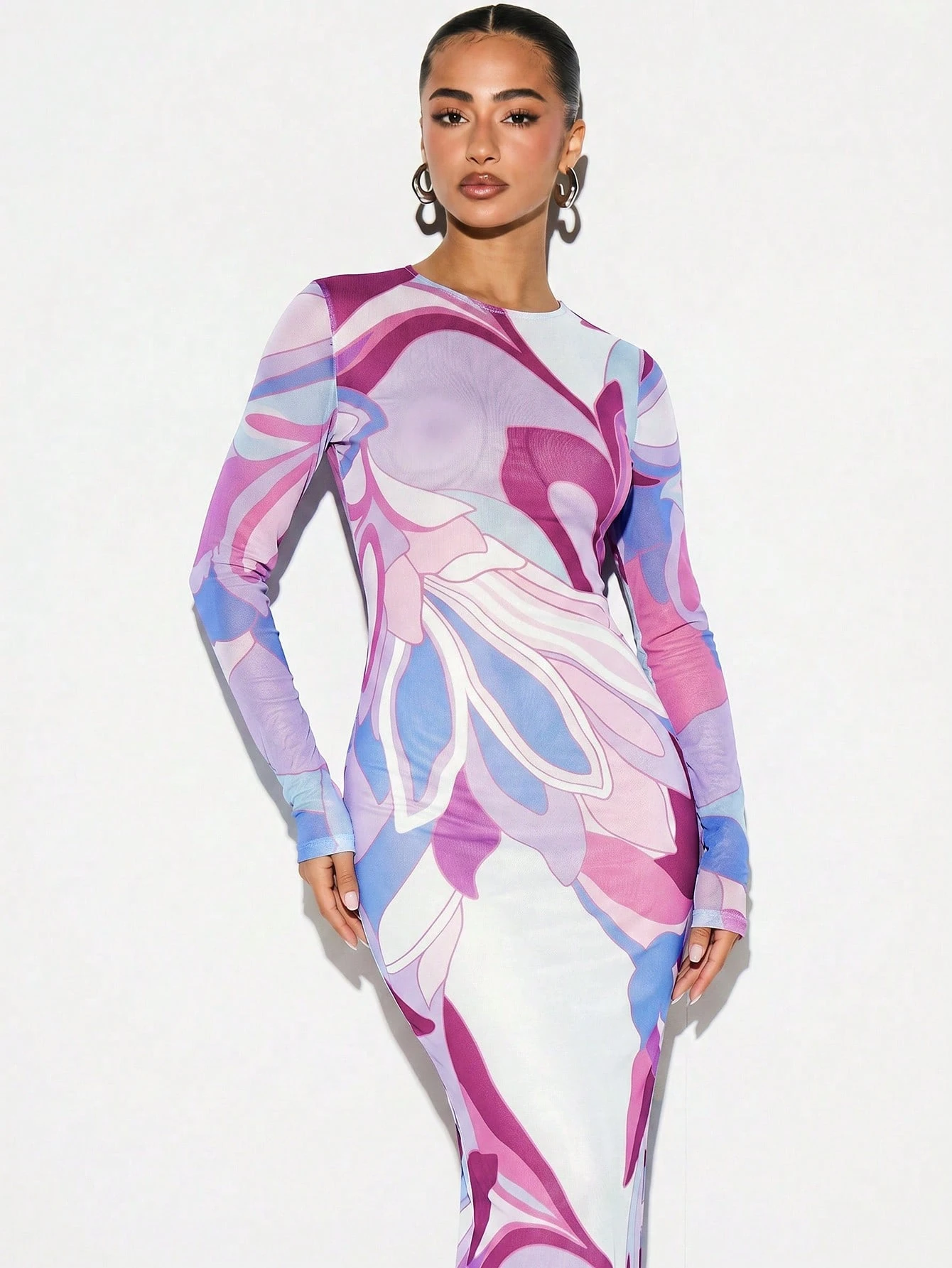 KIZN Printed Mesh Sheer Maxi Dress With Long Sleeves