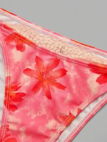 Levarali Women's Summer Vacation Casual Sexy Beach Wear Tropical Floral Print Strapless Tie Front Backless Spaghetti Strap Lace Trim 2-Piece Bikini Pink - Multicolor - View 4