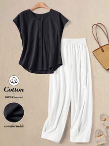 Rusticease Vintage Modest Washed Cotton Women's Black Short Sleeve Top And White Pants Casual 2 Pieces Set Everyday Summer Vacation - Black and White - View 1