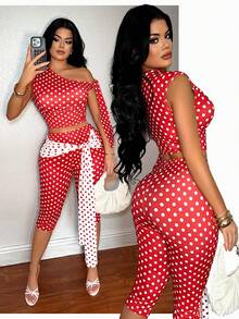 SHEIN SXY Bộ đồ thường ngày gồm áo kiểu bất đối xứng thắt nơ phía trước và quần lửng bó sát họa tiết da báo. - Đỏ và trắng - Xem 7