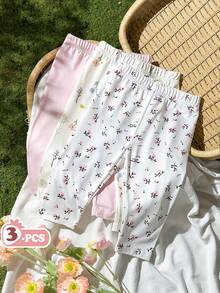 SHEIN Vintaside Kids 3件套女婴百搭休闲多功能彩色碎花波点打底裤/长裤/紧身裤/婴儿裤套装/女童打底裤，适合春、夏、秋、冬四季穿着 - 彩色 - 查看 4