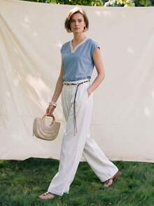 Airaco Women's Elegant Sexy Bohemian Pastal Cotton Short Sleeve Top, Vintage Lace V-Neck Design, Summer Casual Vacation Style Daily Wear Golf - Blue - View 5