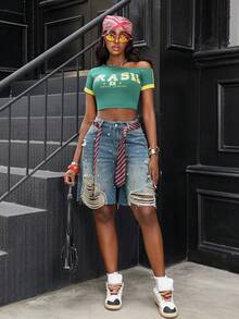 Jeanoix Quần short denim ống rộng lửng, rách, túi xéo, đính đá lấp lánh. - Màu xanh lam - Xem 5