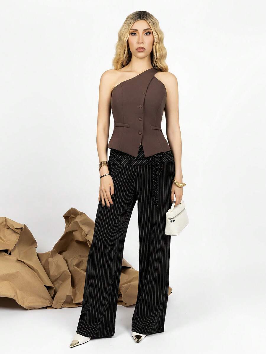 PRISCILA ESCOTO PRISCILA ESCOTO Striped Low Waist Wide Leg Floor Length Pants With Dual Waist Tie Decoration Black - Black - View 1