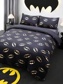 BATMAN X SHEIN 三件套金属印花被套，黑色被套，柔软舒适，保暖且可机洗，适用于单人床/双人床/大号床/特大号床，宿舍/家庭使用，凉爽舒适的床上用品。 - 黑金 - 查看 4