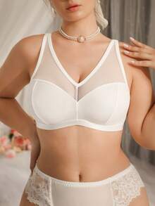 DelicateAllure 3Pcs Plus Size Women Mesh Patchwork Wireless Curve Bralette White Winter - White - View 6
