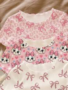 2pcs/Set Cute Cartoon Cat & Bow Print Baby Girls Ruffle Trim Colorblock Homewear Outfit, Suitable For Spring/Summer Daily, Holiday, Vacation - Multicolor - View 5