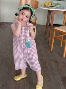 DAZY 嬰兒/女嬰韓式蝴蝶結刺繡格紋休閒連身褲 夏季款 - 灰色 - 查看 9