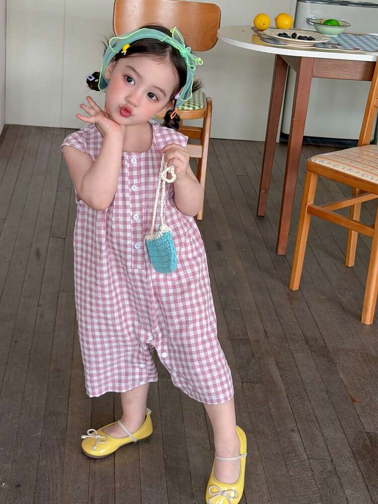 Infant/Toddler Girls' Bow Embroidery Korean Style Plaid Casual Jumpsuit