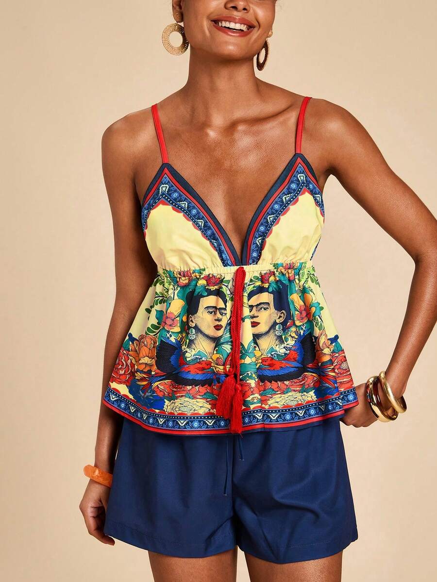 Travachic Frida Kahlo X SHEIN Damen Blumen- & Gesichts-Muster plissiertes, vielseitiges Urlaubs-Camisole Top - Verschiedenfarbig - Übersicht 1
