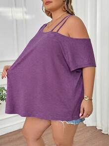 SHEIN CURVE+ Camiseta casual holgada de manga corta con cuello redondo y estampado de teñido anudado para mujer de talla grande, primavera/verano - Morado - Ver 7