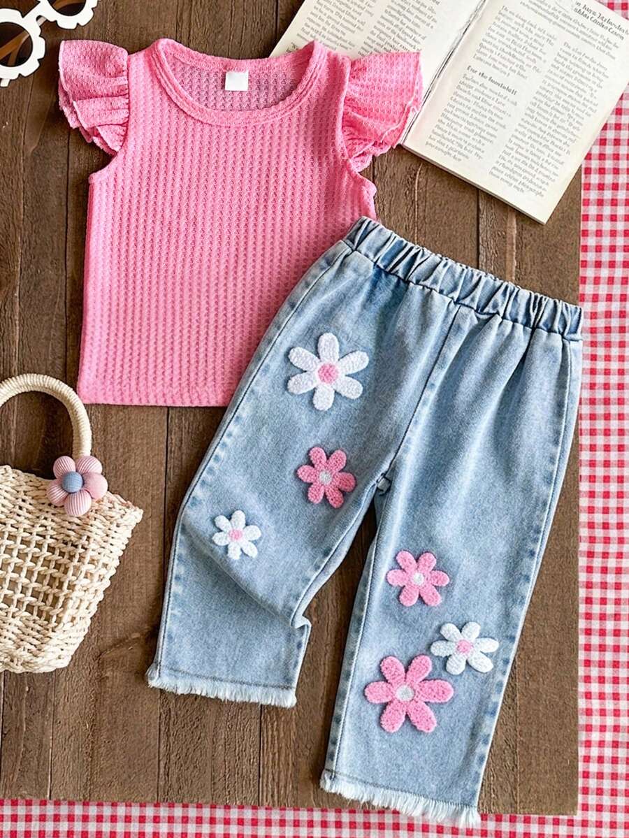 SHEIN Vintaside Kids 两件套少女夏季活力紫色荷叶袖上衣和牛仔裤,饰以精致樱花刺绣,甜美吸睛,简约设计,舒适休闲,适合外出、聚会和居家休闲穿着。 - 粉色 - 查看 1