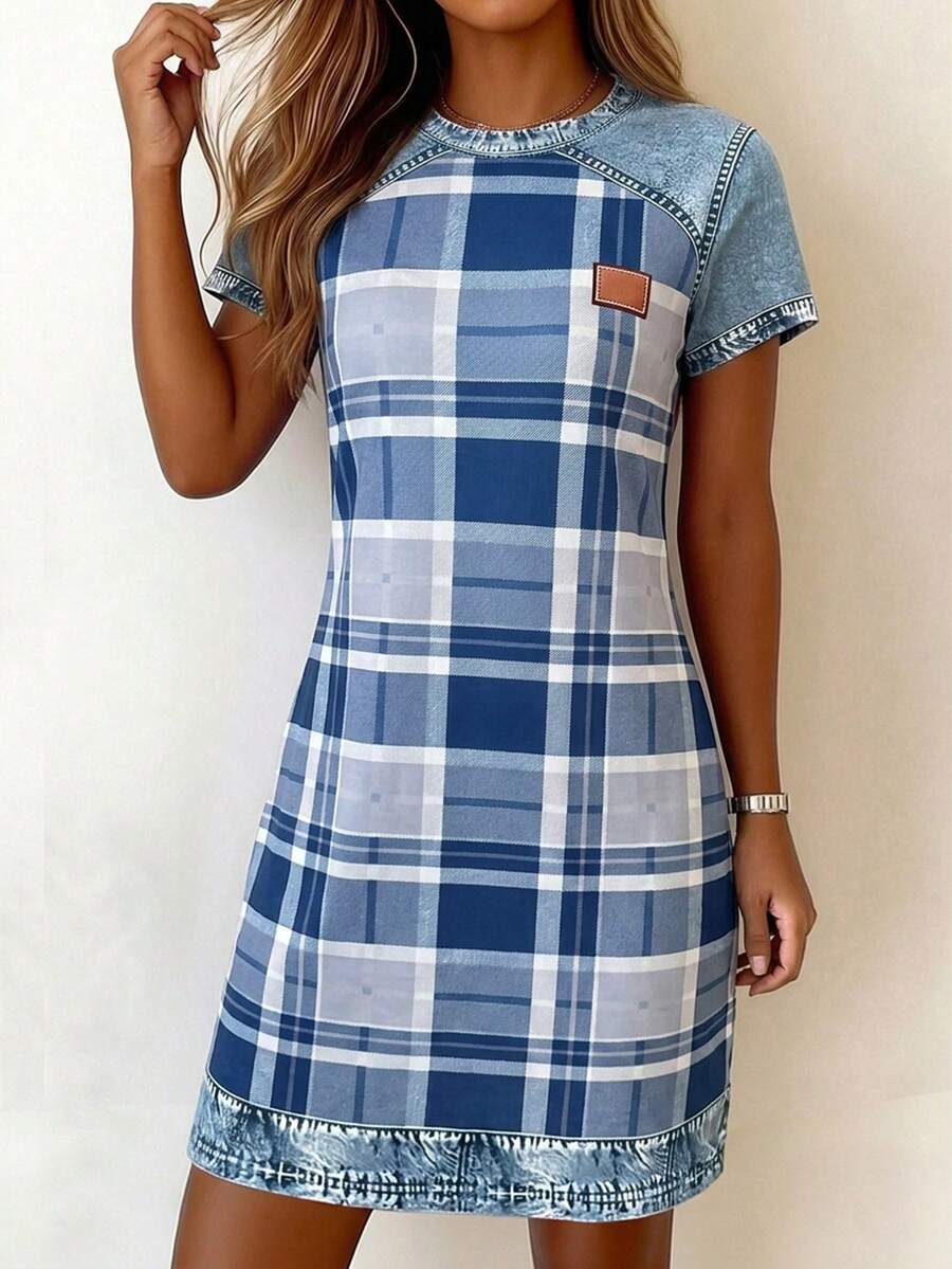 EMERY ROSE 休闲女式夏季嘉年华牛仔格纹圆领短袖直筒迷你连衣裙,适合嘉年华、办公室、日常穿着、浪漫约会等场合。 - 灰色 - 查看 1