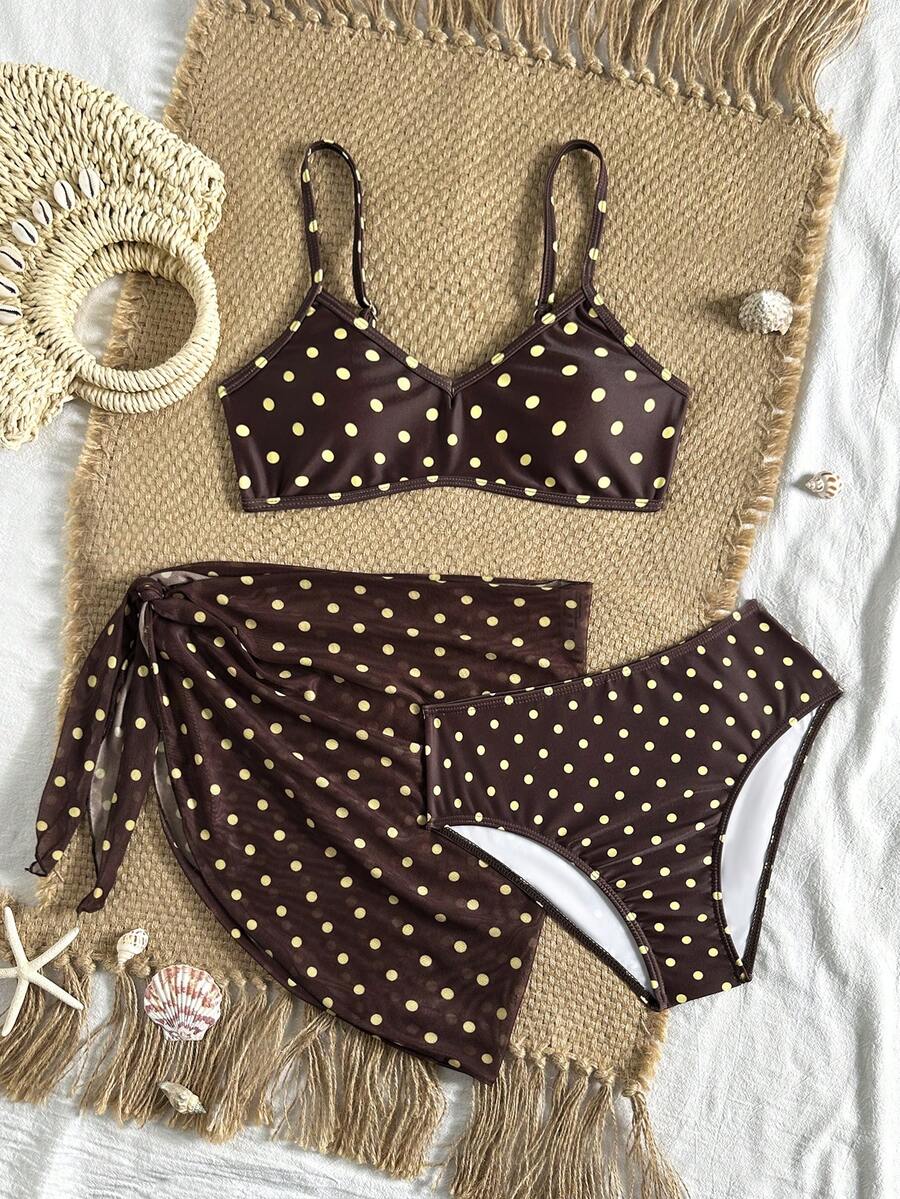 SHEIN Bộ đồ bơi đi biển cho bé gái tuổi teen họa tiết chấm bi nâu & vàng - màu nâu - Xem 1
