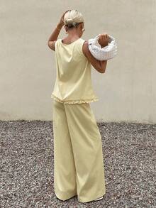 Conjunto de 2 piezas de top con detalle anudado y volantes y pantalones para mujer, estilo minimalista de verano - Amarillo - Ver 4