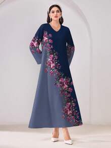 Al Najma Đầm phong cách Ả Rập cổ chữ V tay dài họa tiết hoa tối giản kín đáo thường ngày - Nhiều màu - Xem 4