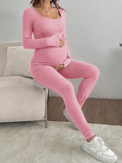 SHEIN Bộ áo liền quần dài tay cổ tròn màu trơn dành cho bà bầu, thích hợp mặc đi làm hàng ngày vào mùa xuân và mùa thu.
