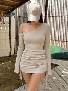 DAZY 女款夏季不對稱單肩抓皺綁帶沙灘罩衫，性感透視泳裝披肩長袖 - 杏色 - 查看 4