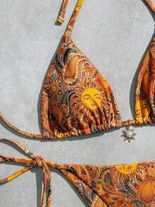 Sweetra Conjunto de bikini y calzoncillos triangulares con estampado completo, de corte sexy y con atar en el cuello para mujer, ideal para la playa en verano - Multicolor - Ver 4