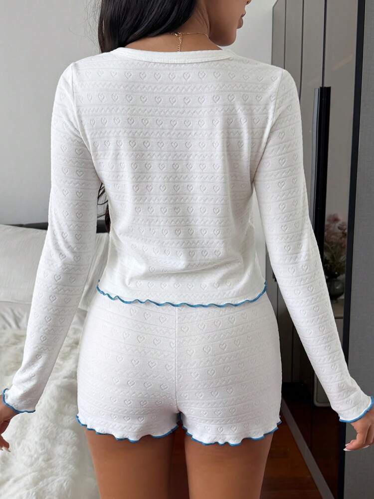 2pcs/Set Women Summer Sleepwear, Cropped Long Sleeve Cardigan Top And Short Pants