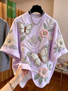 INAWLY Plus Size Women Versatile Butterfly & Flower Print Short Sleeve T-Shirt - Mauve Purple - View 3