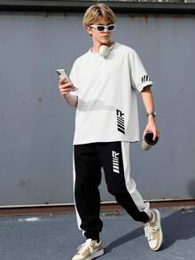 SHEIN 2件套青少年男童/青少年男童休闲日常舒适印花圆领宽松短袖T恤和印花撞色直筒针织裤套装 - 黑與白 - 查看 7