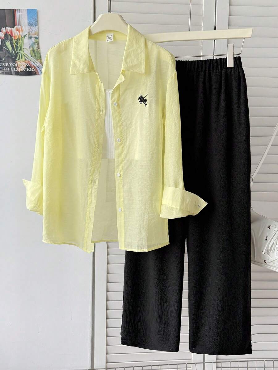 SHEIN Tween Girl 騎士刺繡長袖上衣、背心與長褲休閒套裝 - 黃色 - 查看 1