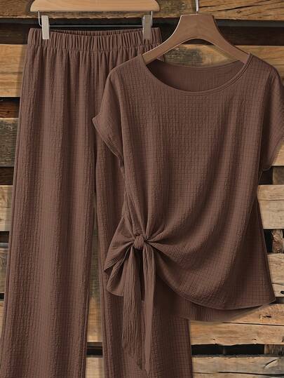 SHEIN Clasi Damesblouse met strik en rechte broek, 2-delige set, donkerbruin