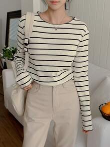 DAZY Women's Round Neck Long Sleeve Striped Simple Top, Casual Daily Wear,Fall Clothes - Multicolor - View 5