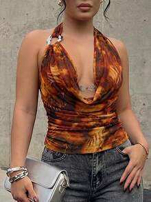 SHEIN SXY Animal Print Metal Buckle Cowl Neck Backless Halter Top - Multicolor - View 5