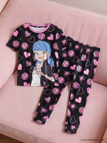 Miraculous Ladybug X SHEIN Young Girls Minimalist Print Round Neck Short Sleeve Top And Pants Pajama Set - Black - View 1
