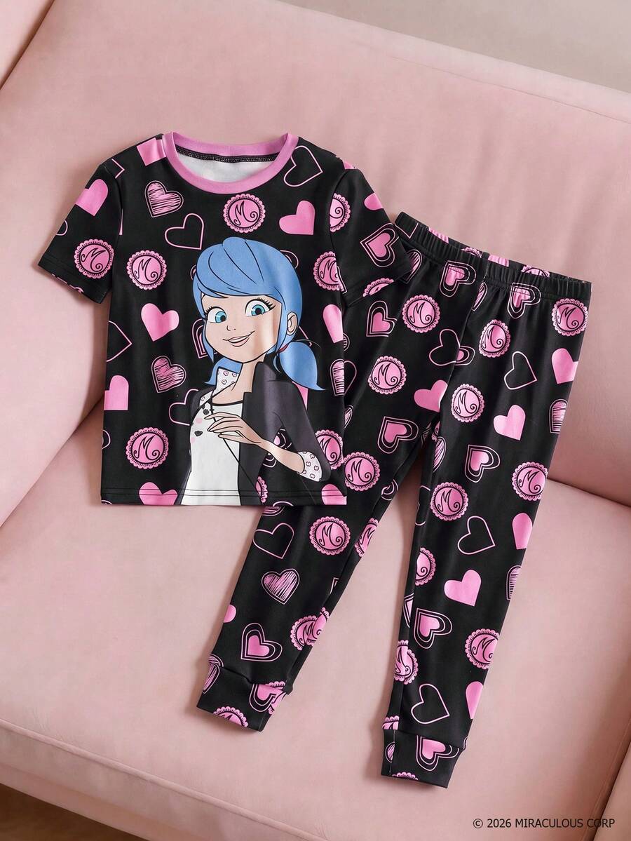 Miraculous Ladybug X SHEIN Young Girls Minimalist Print Round Neck Short Sleeve Top And Pants Pajama Set - Black - View 1
