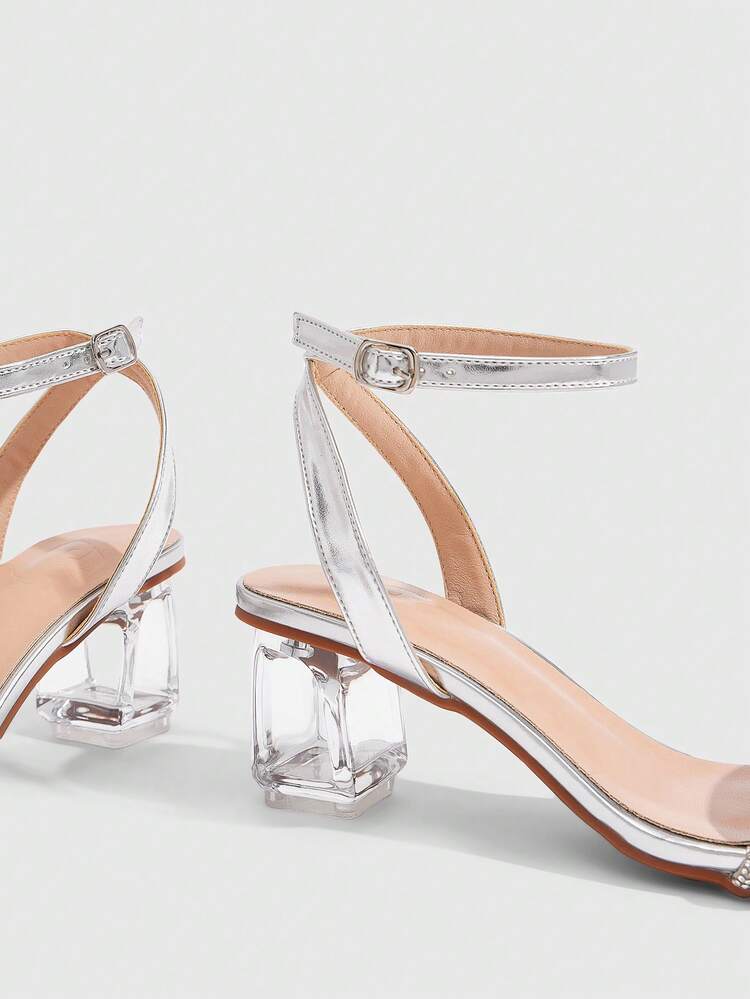 CUCCOO SZL Transparent Asymmetrical Thick Heel Women's Glass Rhinestone Sandals, Square Toe Glossy Lace-Up High Heel Sandals, Comfortable Heel Type Party & Daily Wear Women's Sandals