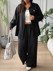 SHEIN EZwear 大码女式骑士印花单排扣长袖上衣和阔腿裤休闲两件套 - 黑色 - 查看 5